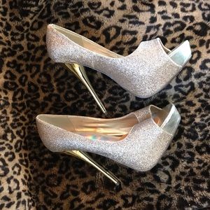 Speed Limit 98 gold glitter peep-toe high heels